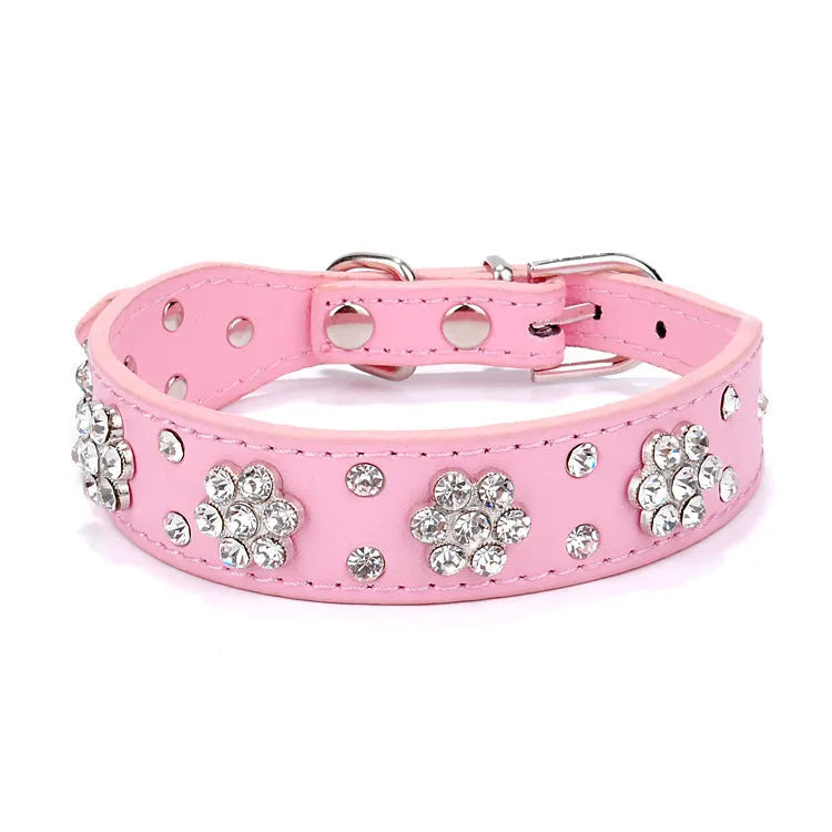 Adjustable black PU leather dog collar with rhinestone flower pattern and metal studs for small dogs.