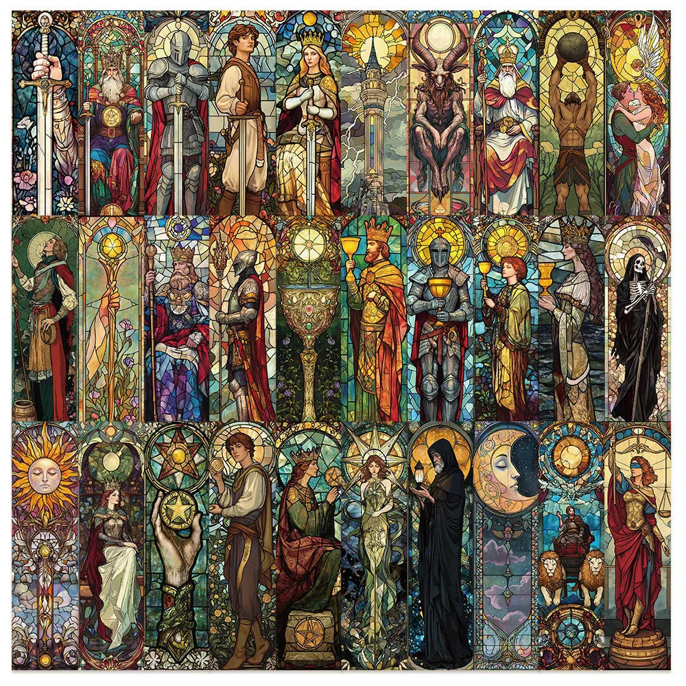30 painted glass tarot bookmarks with cute style artwork on paper for journaling and reading