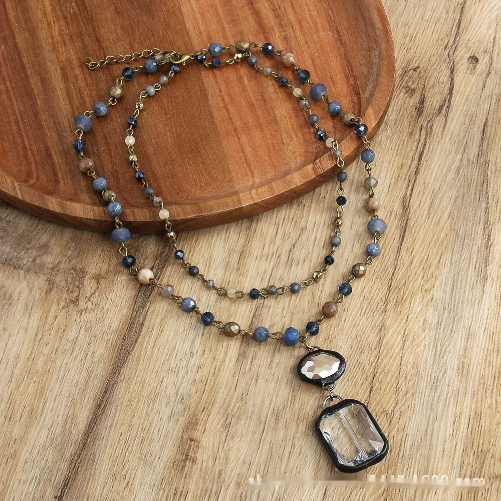 Tribal style adjustable necklace with stone and glass pendants in 2-layer design