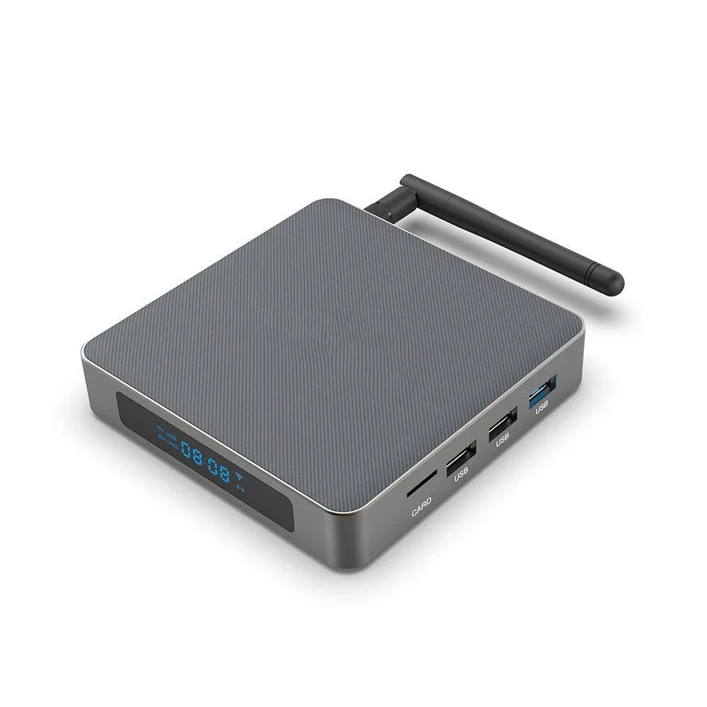 Bluetooth Android set-top box with 8K output support and compact 105mm square design