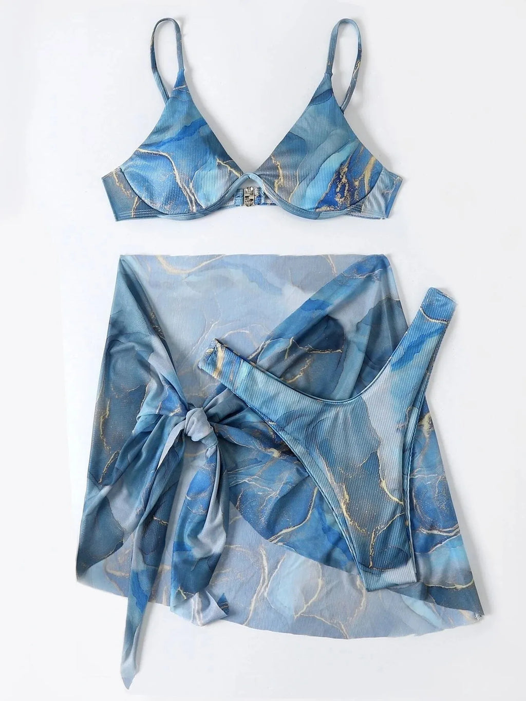 Women's marble print bikini set showing three pieces: skirt, bra, and panties in coordinating pattern