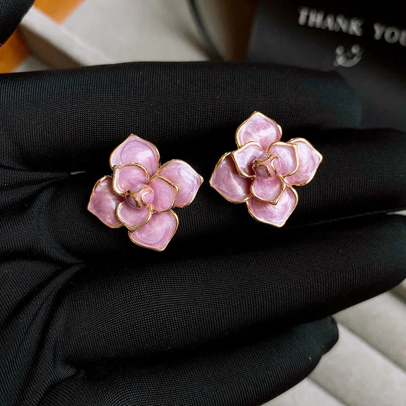 Purple oil-spot glaze flower stud earrings with gold-plated silver needle finish on copper base
