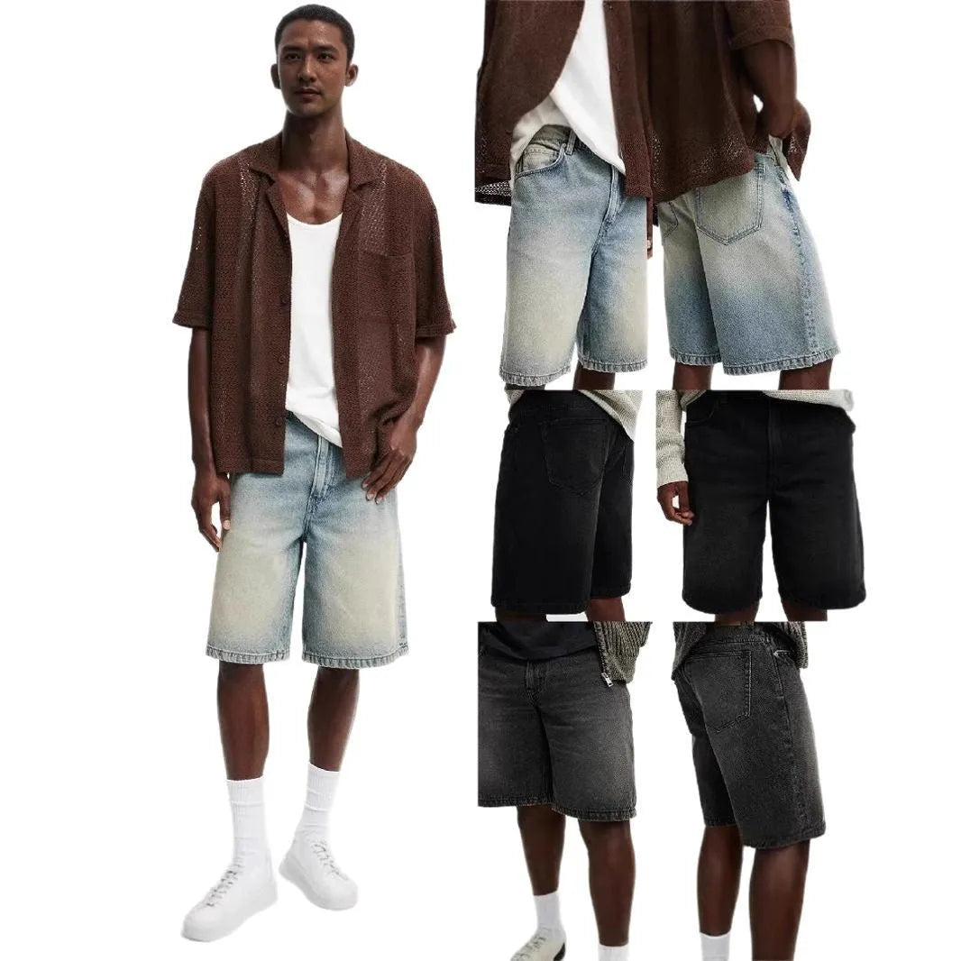 Men's loose fit straight leg jeans in light blue cotton denim for summer streetwear