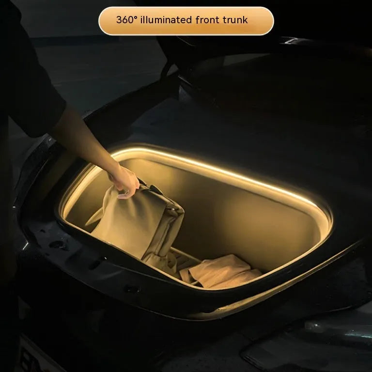 Tesla Model 3 and Y front centre console LED ambience light kit in soft silicone with ice blue, pure white, and warm white colour options.