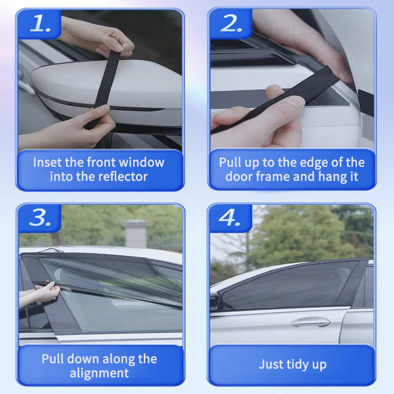 4-piece car side window sunshade set showing non-woven mesh material and elastic strip installation