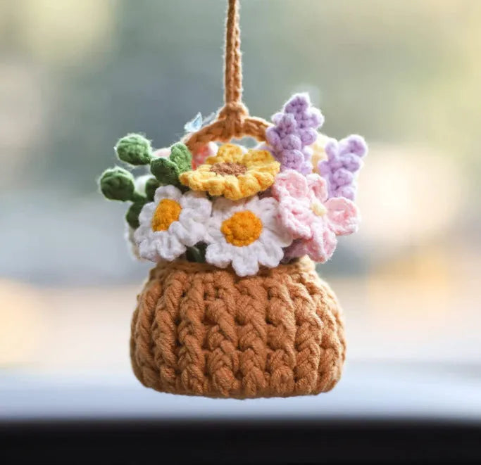 Green and white knitted wool car plant decoration hanging from 25cm white rope