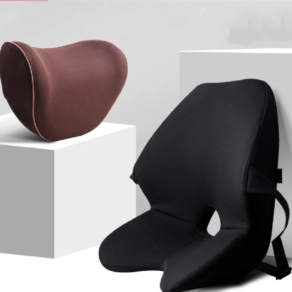 Car lumbar support cushion made with memory cotton, shown in beige, black, coffee, and grey colour options.