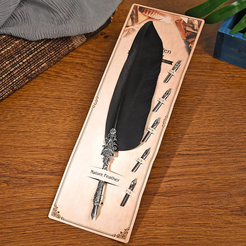 Vintage feather dip pen in 10 colours with zinc alloy construction and 30cm length