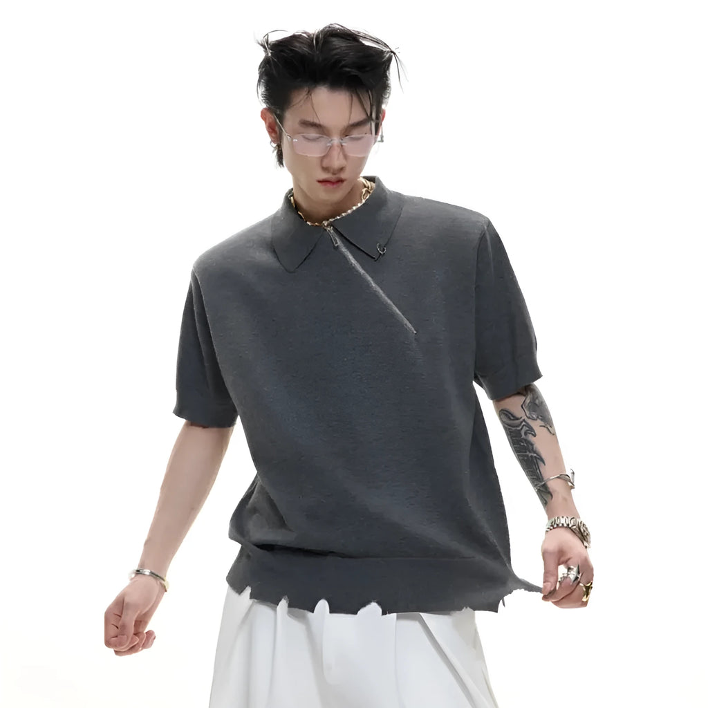 Men's slim-fit knitted polo shirt with oblique zipper collar and ice-feeling polyester fabric in black colour