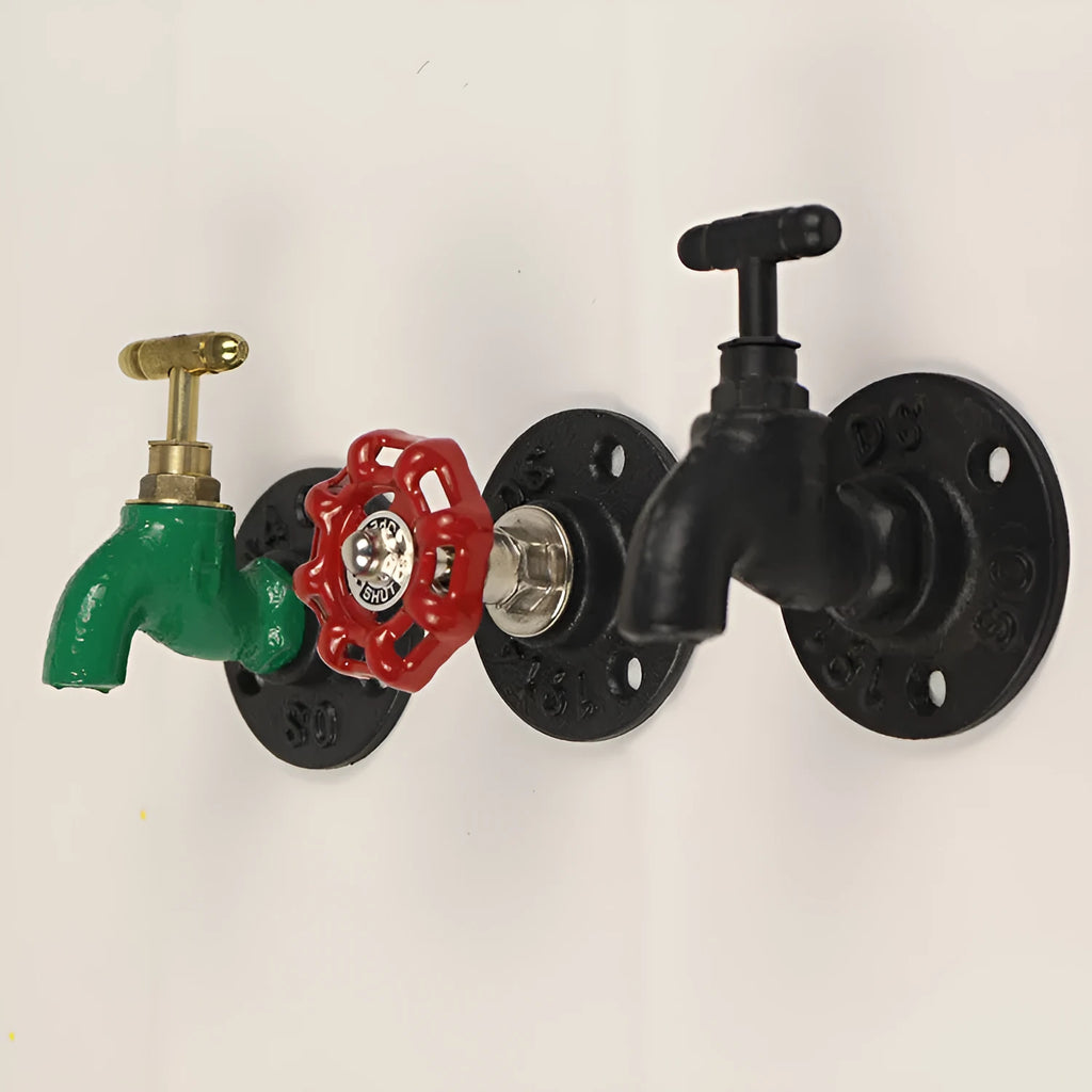 Metal wall hanging hook with water pipe design in choice of black, green, or red finish.