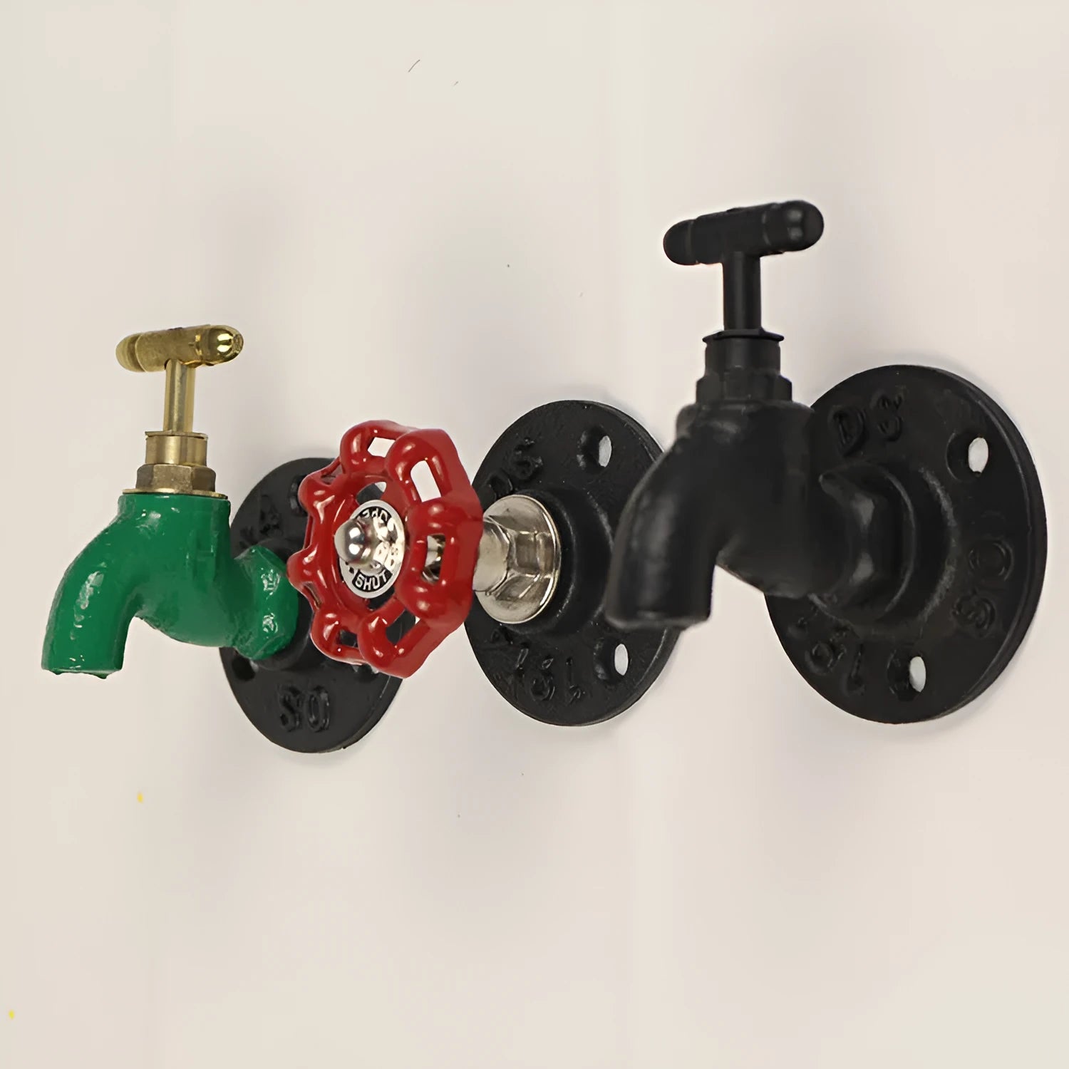 Metal wall hanging hook with water pipe design in choice of black, green, or red finish.