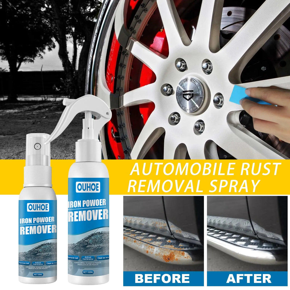 Automotive iron powder rust remover spray bottle with blue square sponge applicator