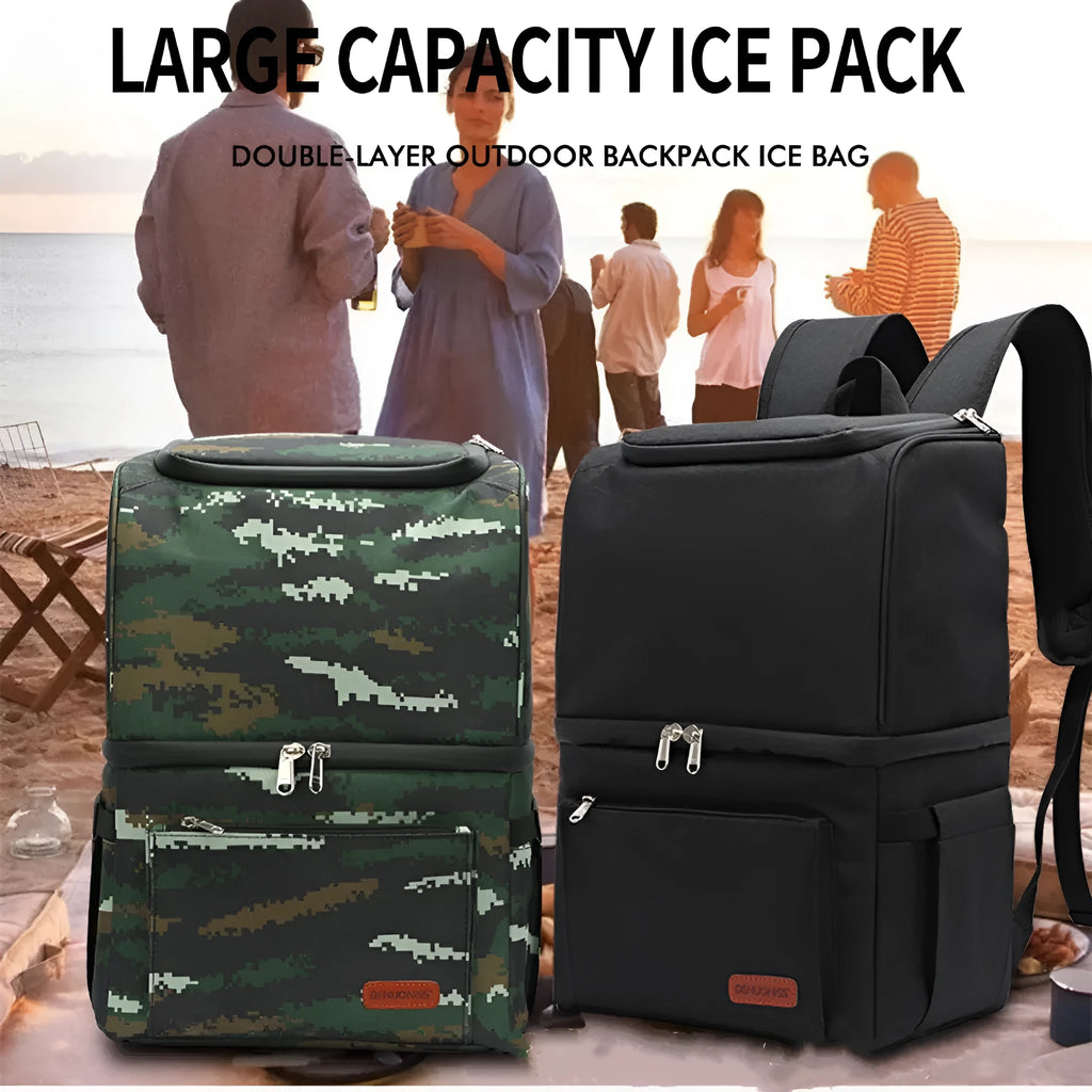 Insulated picnic backpack in blue with double-layer construction and ice pack compartment