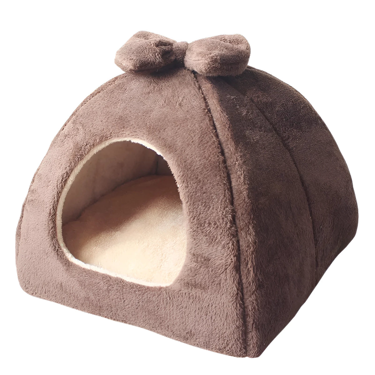 Warm enclosed yurt pet bed in flannel and sponge, foldable, for small dogs and cats, available in multiple colours.