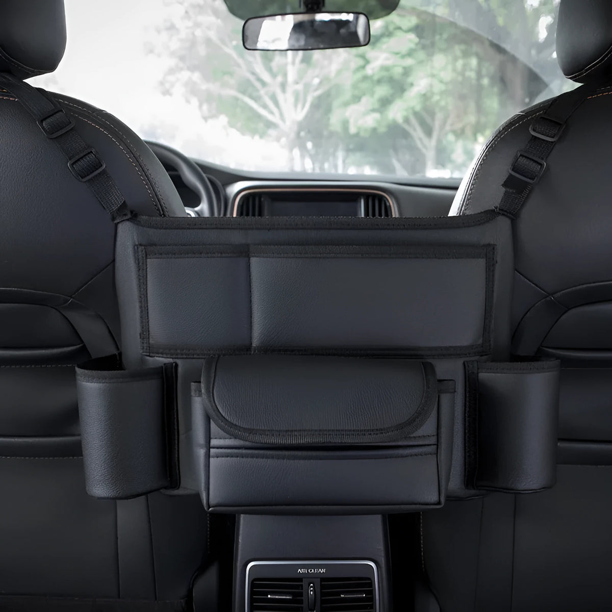 Leather car seat tissue storage bag with hanging armrest design between vehicle seats