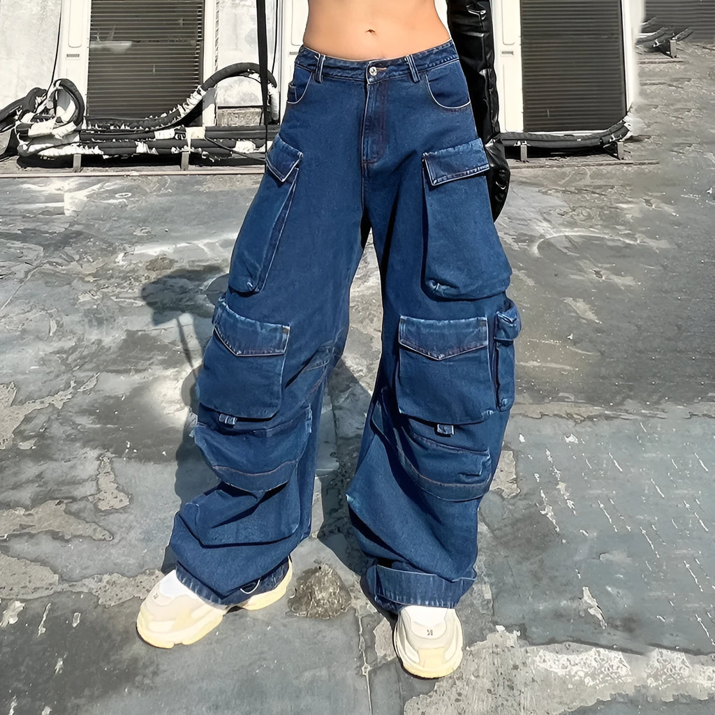 Dark blue distressed wide-leg jeans with high waist, multiple pockets, and raw hem detail