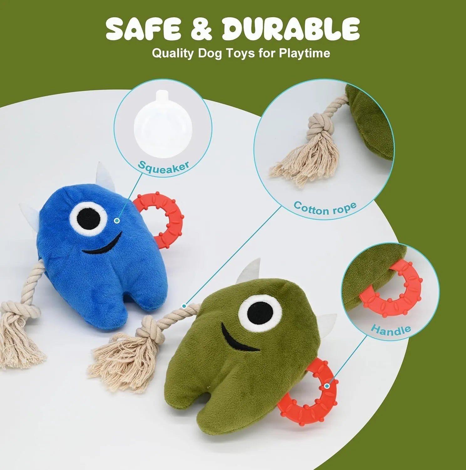 Blue and green plush monster dog toy with integrated cotton rope tug handle