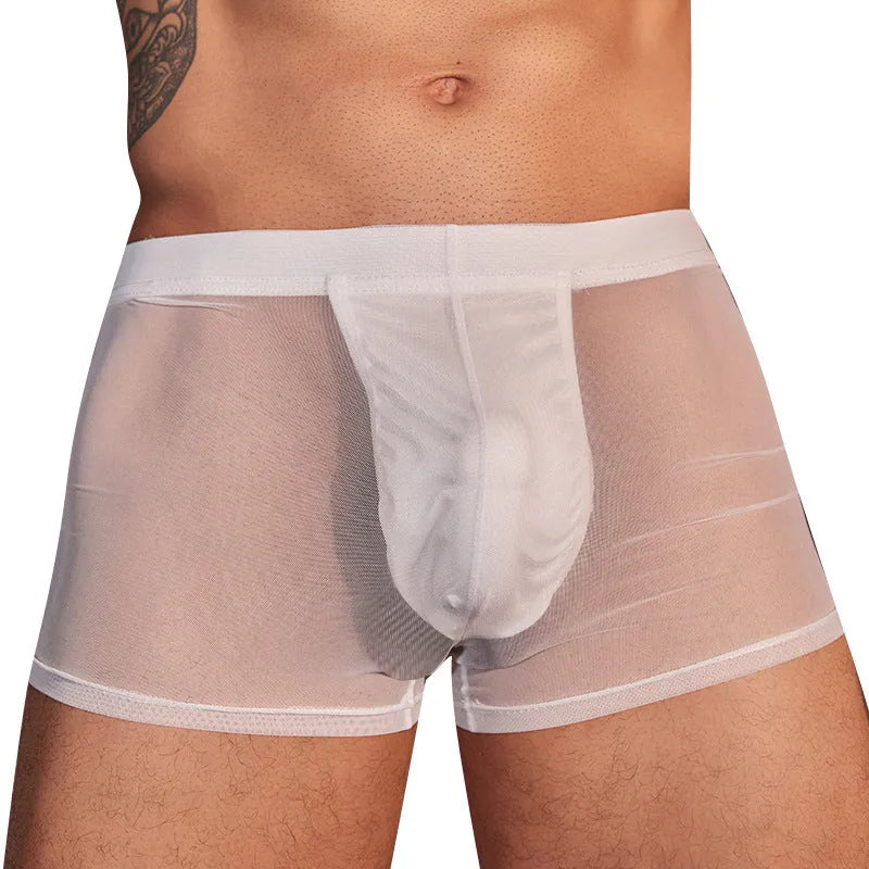 Men's black and white ultra-thin nylon boxer briefs laid flat, showing free size fit.