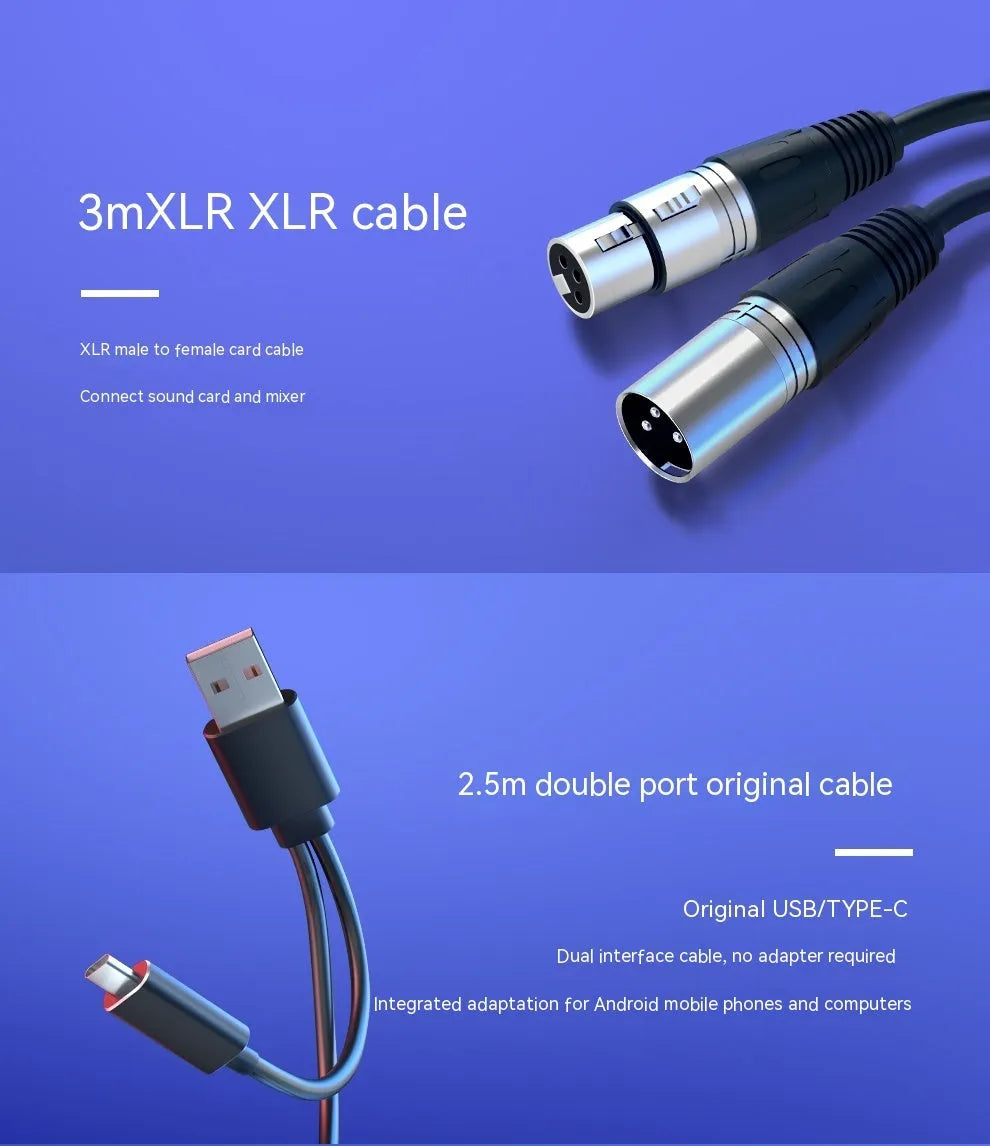 Black dynamic noise reduction microphone on a stand with XLR and data cables.