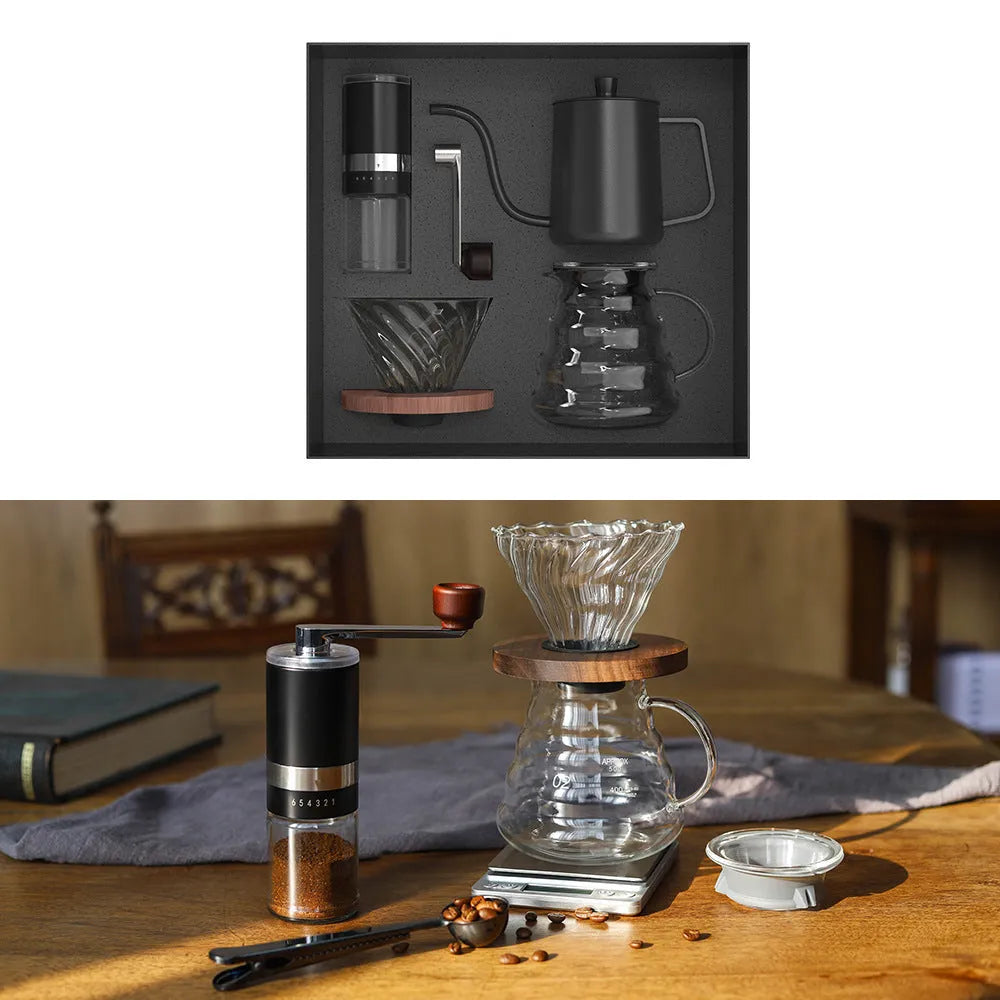 Heat-resistant glass pour-over coffee set with coffeepot and filter cup, available as 4-piece or 6-piece set