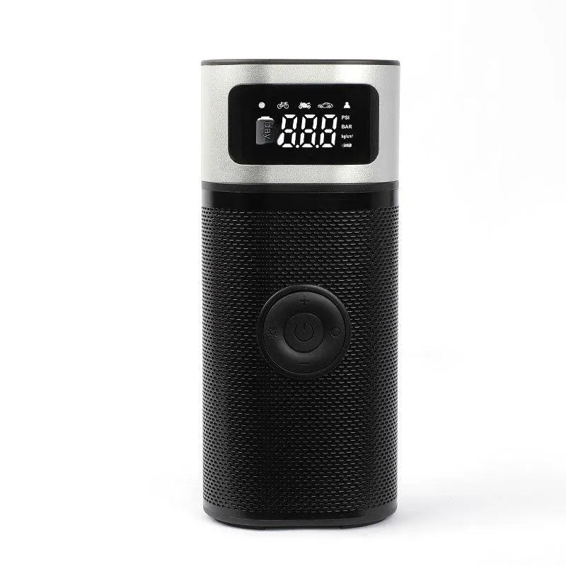 Black portable wireless vehicle air pump with digital display, LED light and flexible inflation tube
