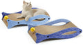 Blue fish-shaped cardboard cat scratcher with a bell toy on a string, shown on a flat surface.
