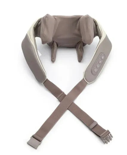 Milky white rechargeable shoulder and neck kneading massager on a plain background.