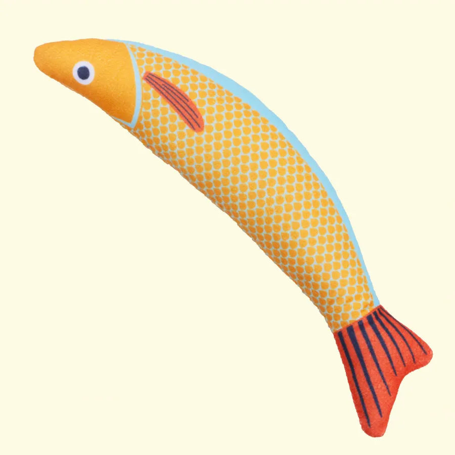 Green, orange, and yellow soft plush saury fish cat toys with catnip filling for interactive play