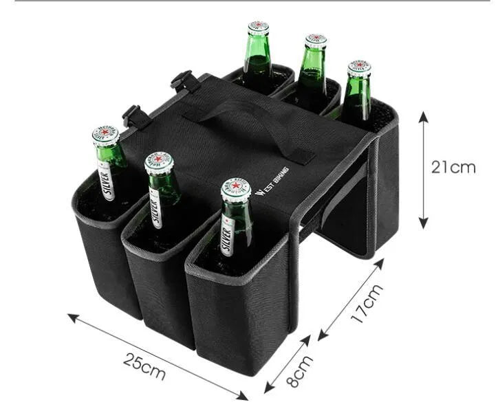 Black bicycle double-sided drink storage bag mounted on bike frame