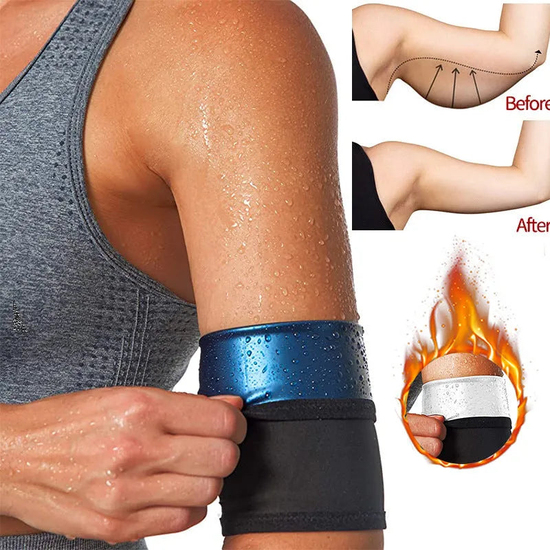 Blue and silver sports arm band sweatband with binding band, shown in various size options.