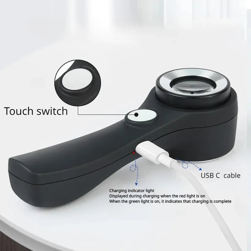 Black or silver 30x optical glass magnifying glass with LED lights for jewellery and collectible appraisal.