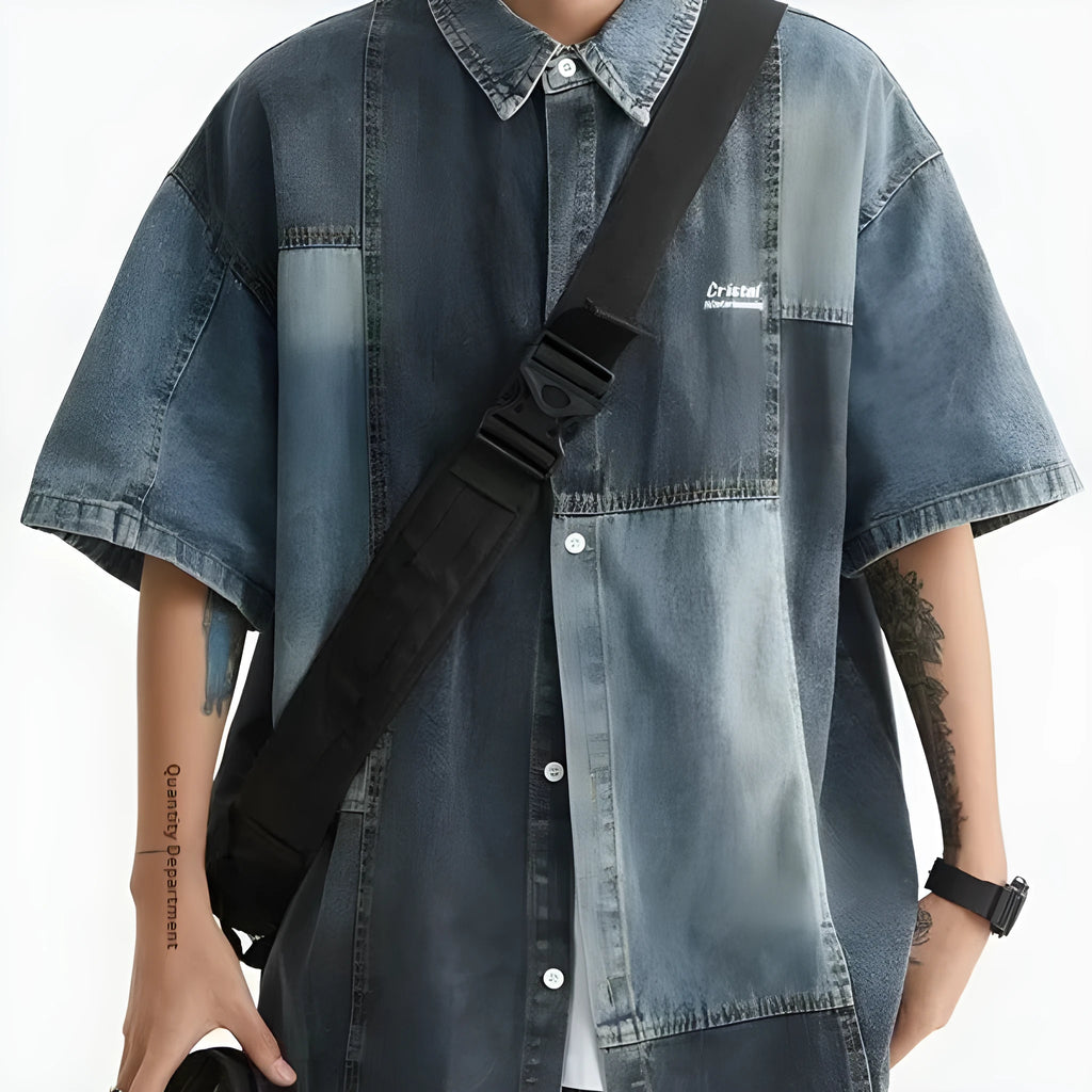 Blue men's Japanese-style denim shirt with retro washed stitching and loose cardigan fit