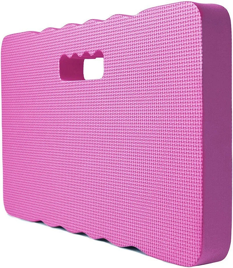 Blue EVA foam garden kneeler pad on grass, showing its rectangular 45cm by 28cm size.