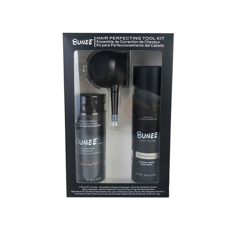 Three-piece hair fibre thickening set: powder canister, nozzle applicator, and shaping spray