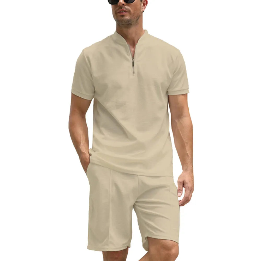 Men's solid colour polo shirt and trousers two-piece set in beaded bird's eye polyester fabric
