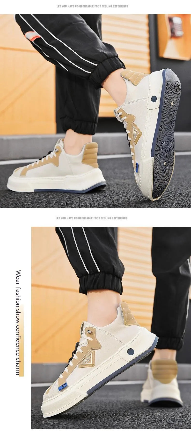 Men's beige low-top sneakers with elastic band and microfiber upper