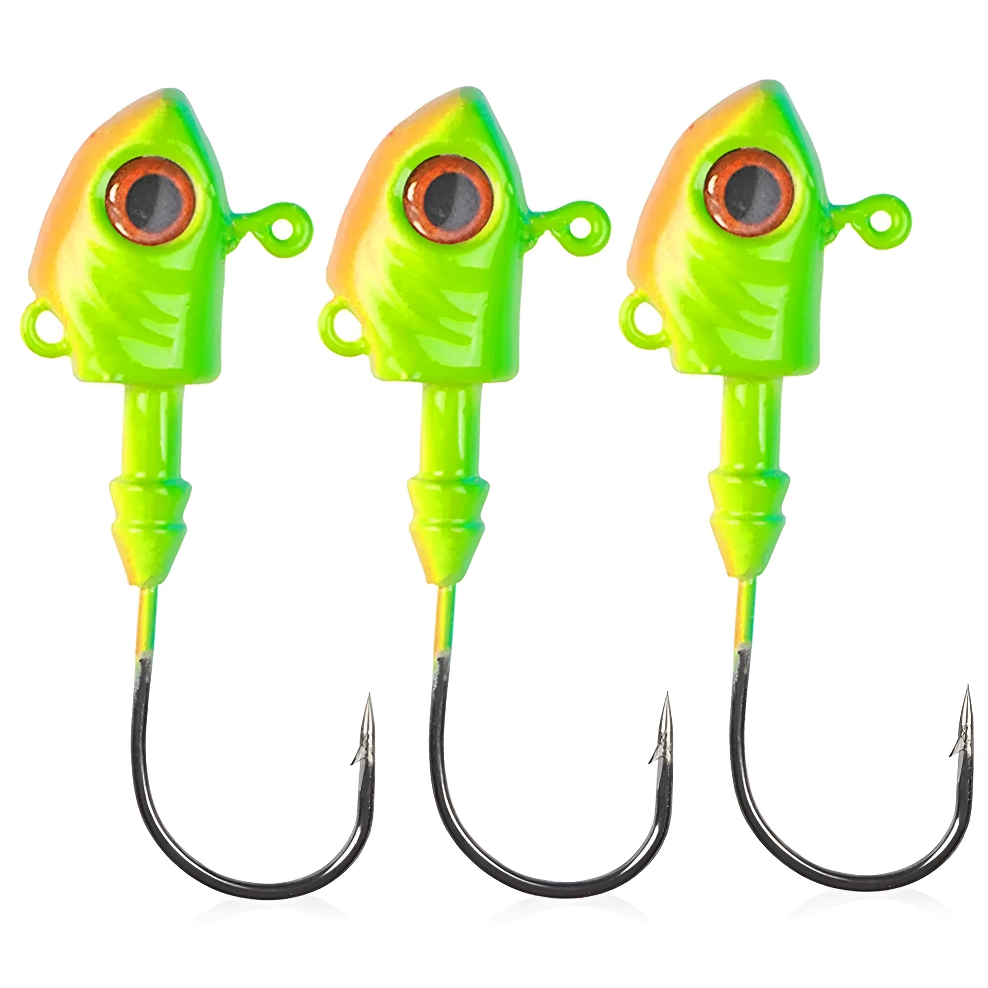 Blue, silver, and yellow lead jig head fishing hooks with fish-shaped weights in various sizes.