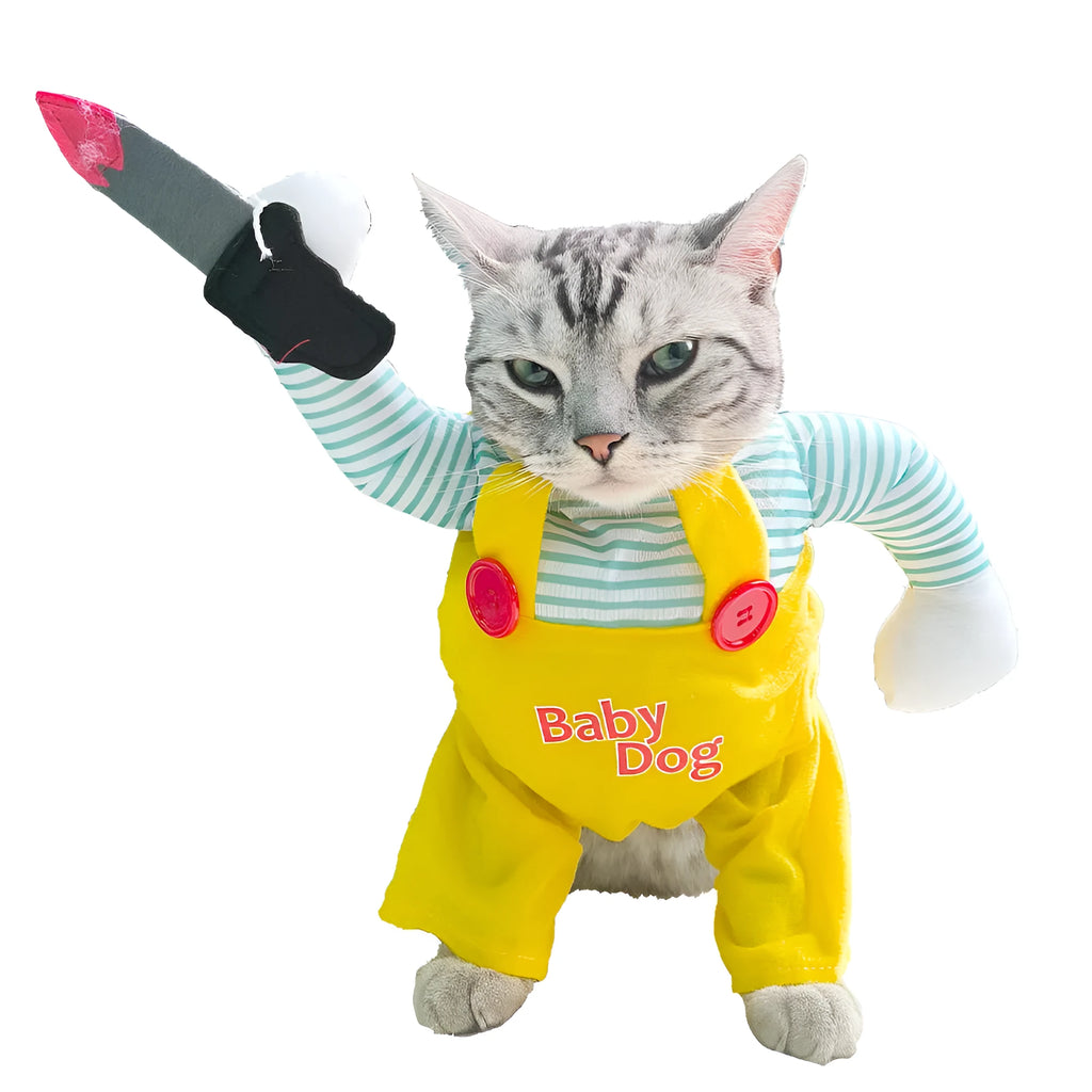 Yellow sword assassin costume for a cat, made from polyester fabric.