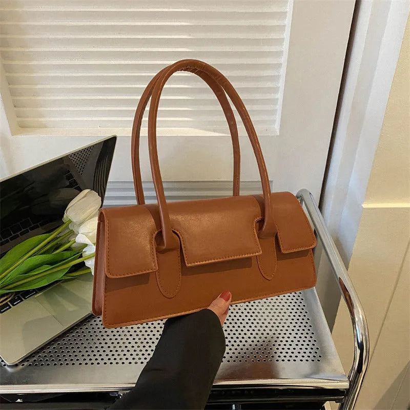 Women's small horizontal square shoulder bag in PU leather with visible stitching in a choice of colours