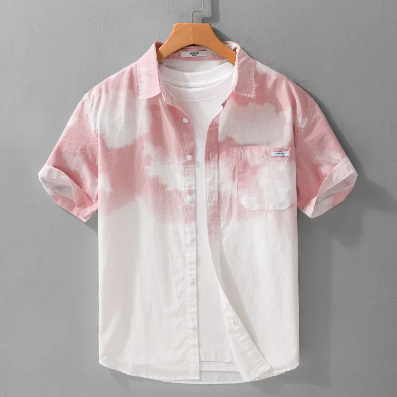 Men's light pink pure cotton summer shirt with short sleeves and loose cardigan style