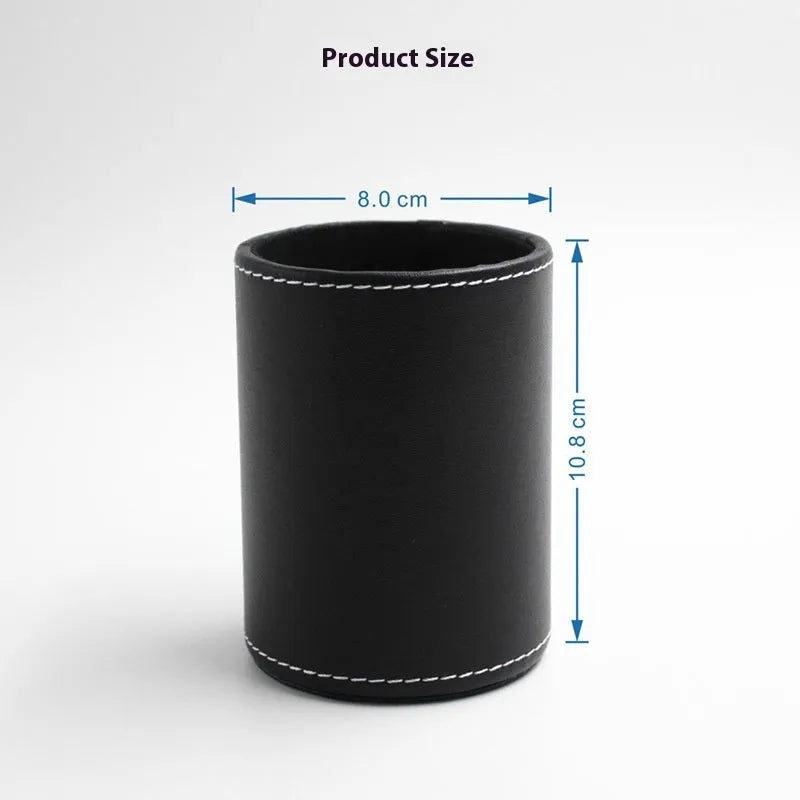 Round black leather pen container with 8.0cm diameter on wooden desk