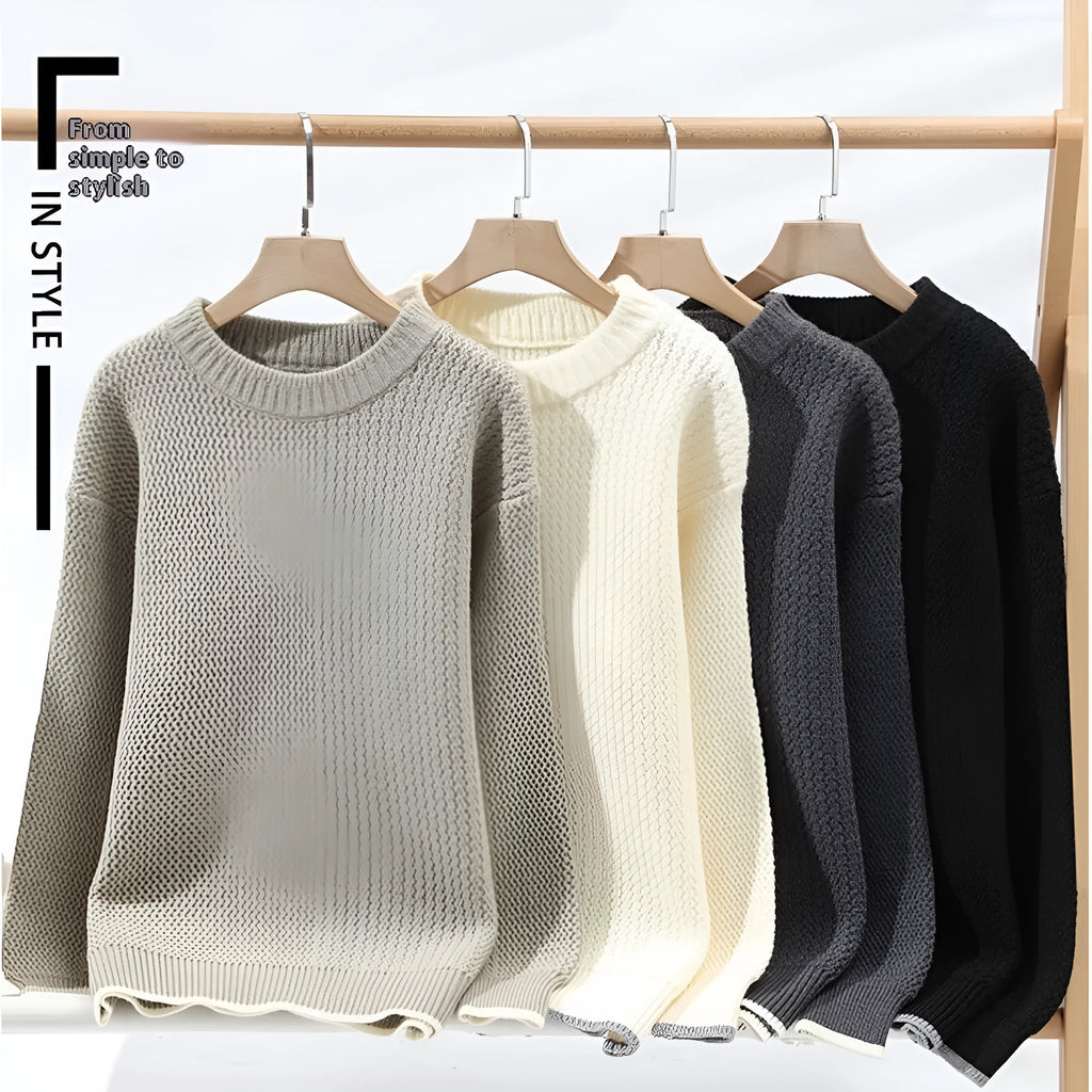 Grey men's casual loose fit round neck long sleeve knitwear sweater on a hanger.