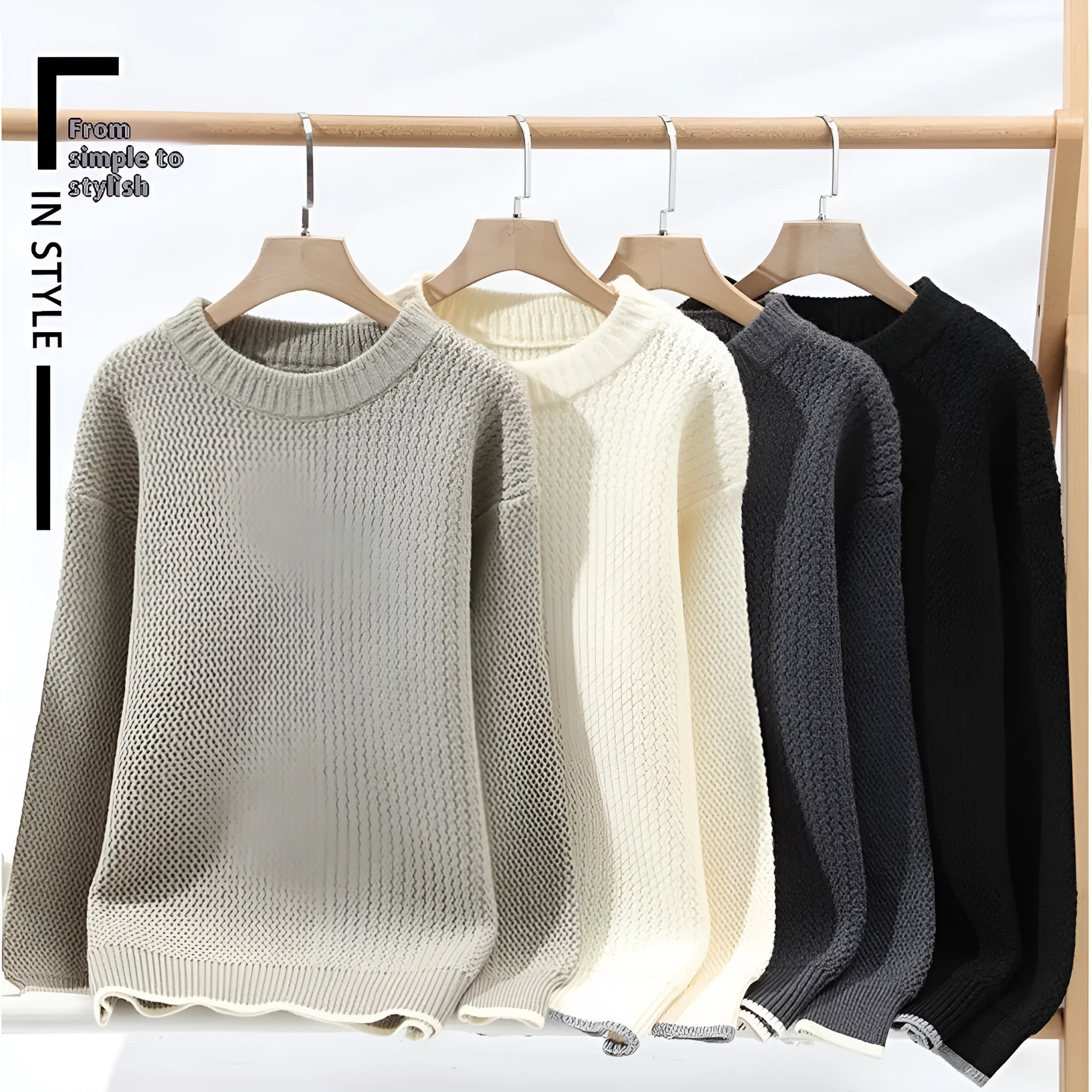Grey men's casual loose fit round neck long sleeve knitwear sweater on a hanger.