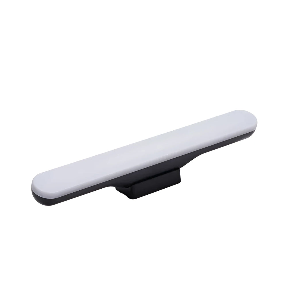 Modern white rechargeable LED desk lamp with touch control on a wooden desk.