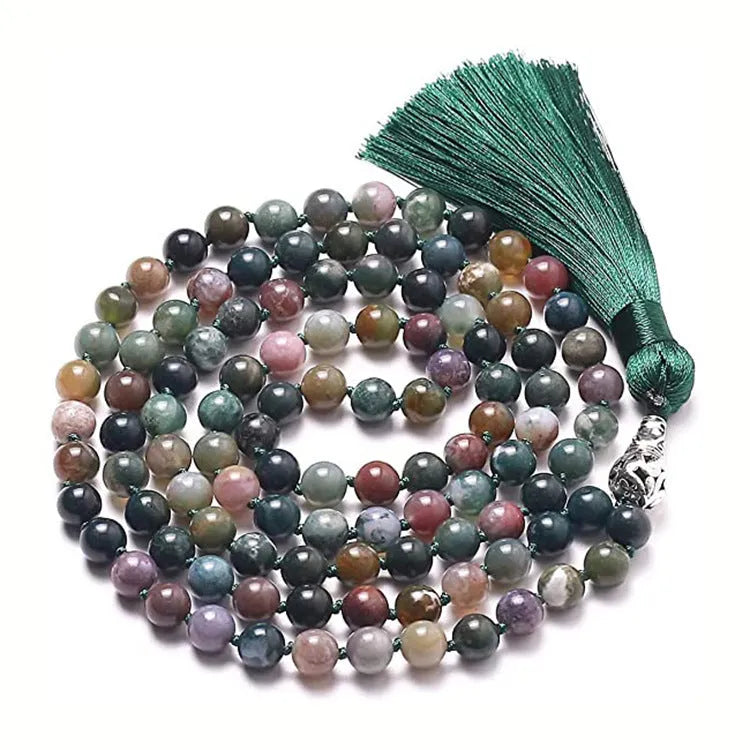 Geometric agate tassel necklace with colourful stone patterns and adjustable 95-100cm length