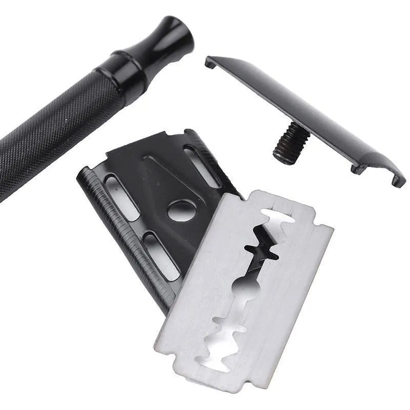 Traditional manual safety razor with natural bristle brush shaving set in black or silver finish