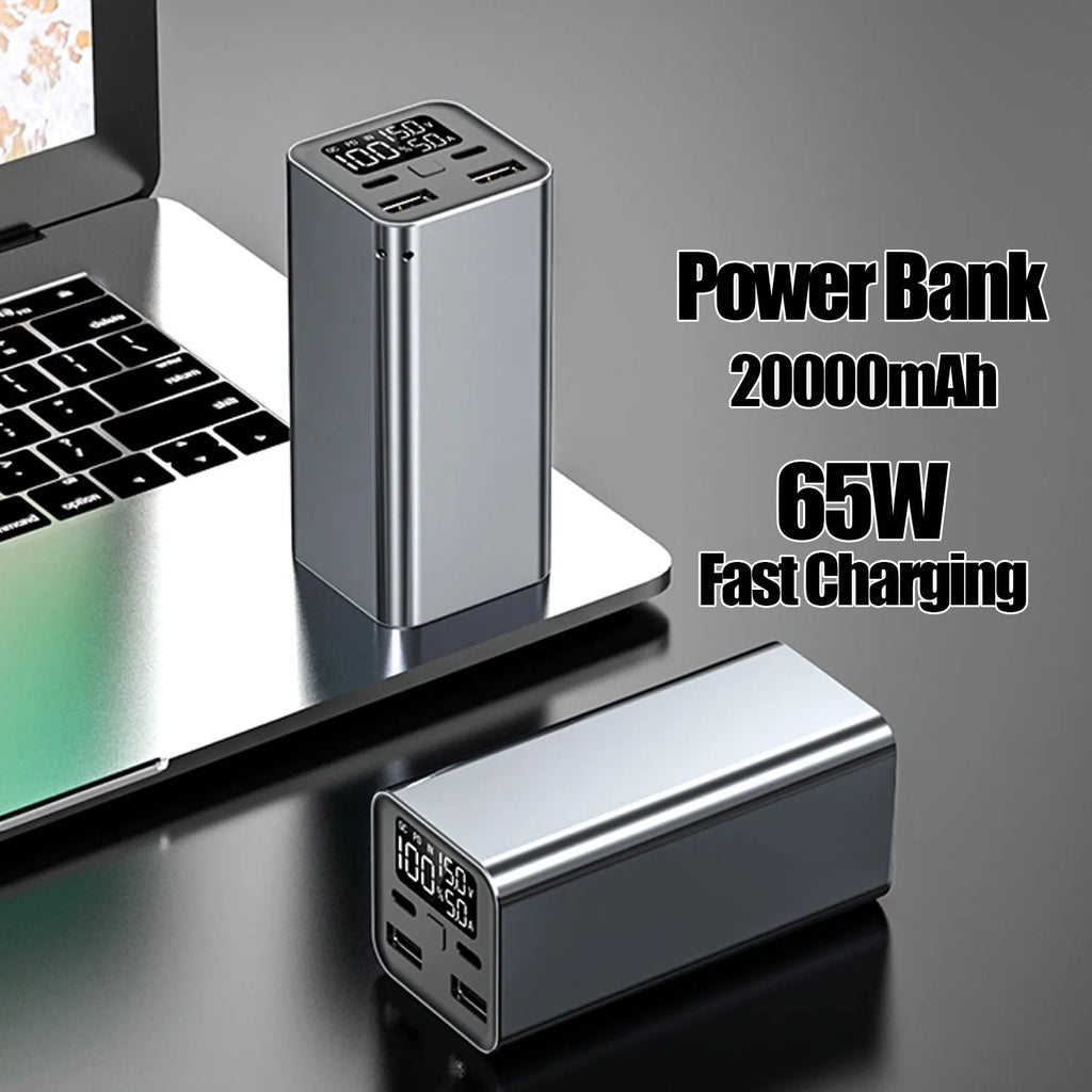 65W laptop charging bank with metal housing in black, blue or grey colours showing dimensions 47.5x104.5x47.5mm