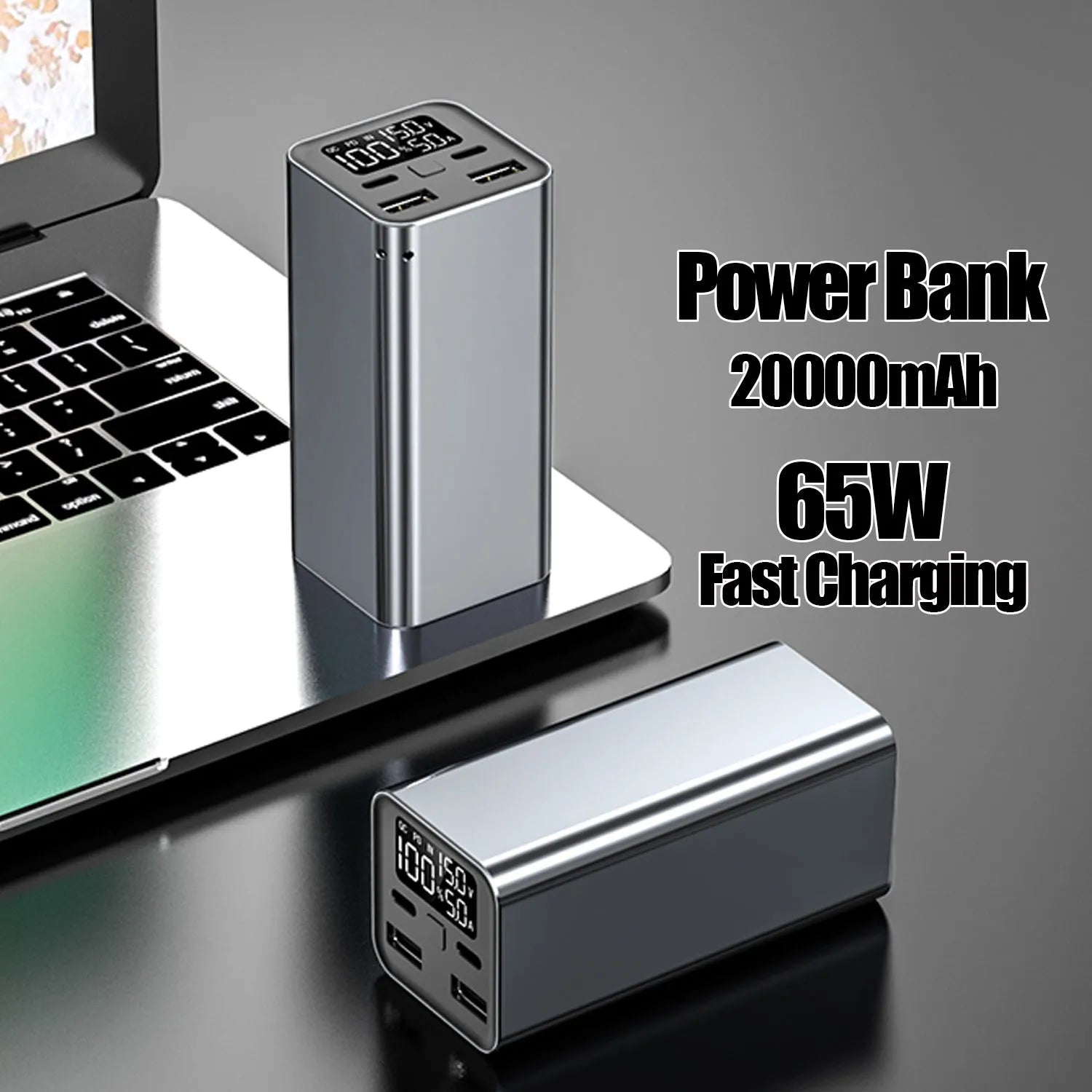 65W laptop charging bank with metal housing in black, blue or grey colours showing dimensions 47.5x104.5x47.5mm