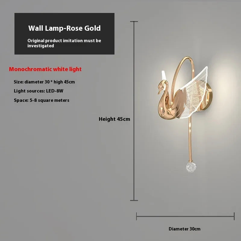 Gold modern minimalist swan LED wall lamp with acrylic shade offering tricolor dimming