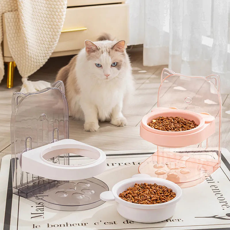 Grey adjustable height cat feeding bowl with anti-spill design and removable hanging cage